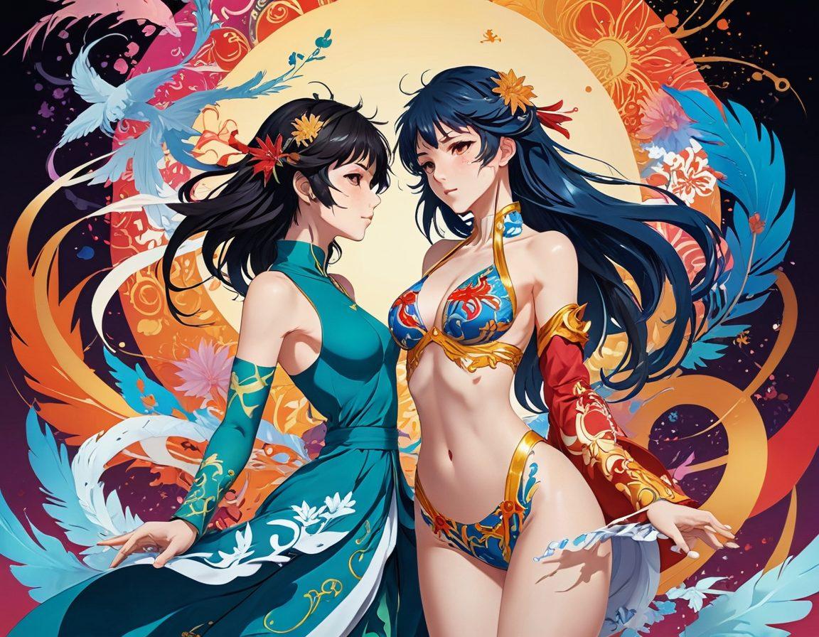 A captivating fusion of classic anime characters and sensual imagery, interspersed with artistic elements representing adult media influences. Include vivid colors, intricate details, and abstract patterns that evoke the allure and depth of erotica. The composition should suggest a blend of fantasy and reality, featuring dynamic poses and expressions. Consider a background that hints at a diverse cultural landscape reflecting the evolution of hentai. super-realistic. vibrant colors. digital art.