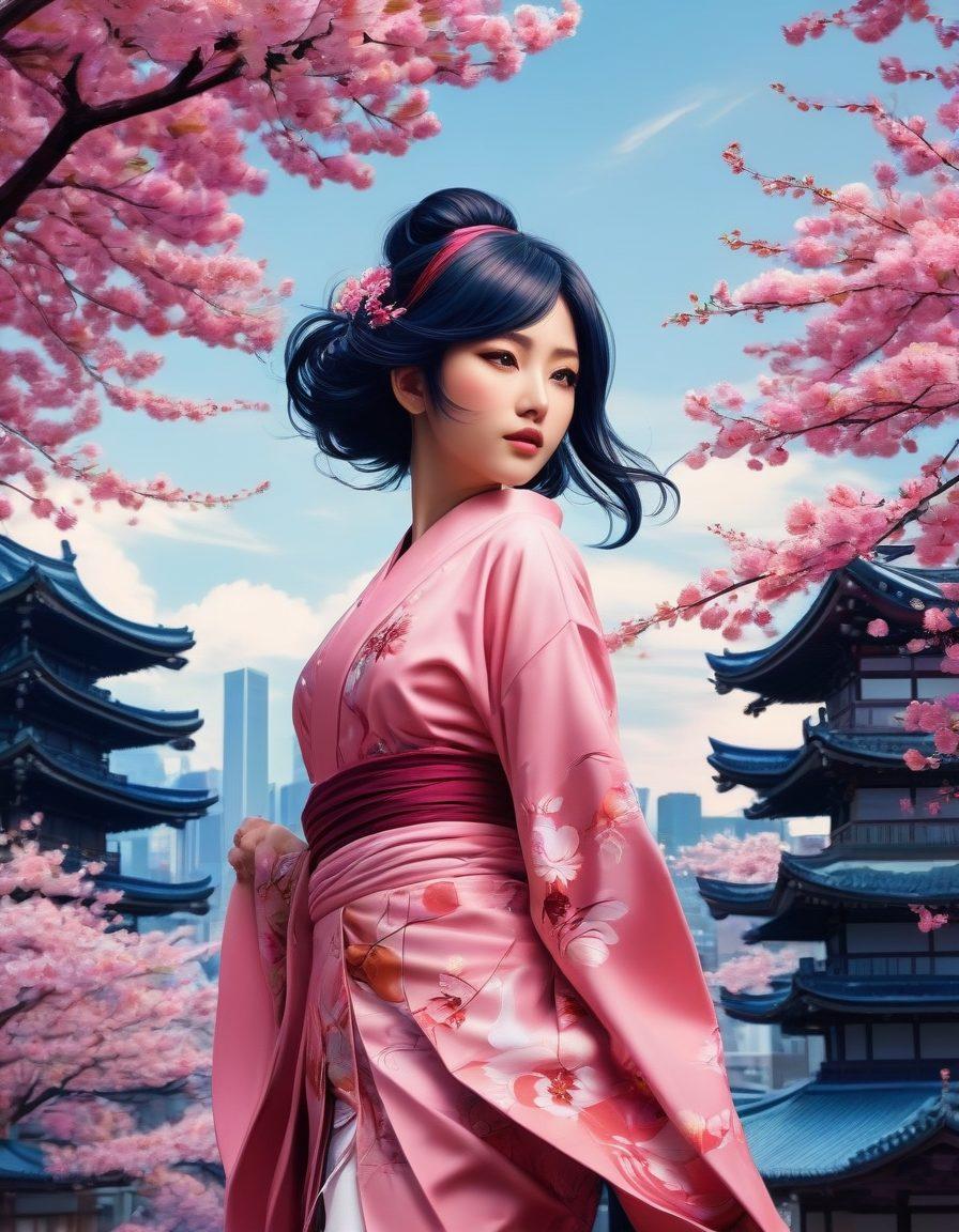 An imaginative scene depicting a blend of traditional Japanese art and modern digital elements, showcasing a stylized manga character in a bold, vibrant pose surrounded by iconic hentai motifs such as cherry blossoms and abstract shapes. The background features an ethereal cityscape blending classical architecture with futuristic elements, emphasizing the cultural fusion. Incorporate a color palette of rich pinks, deep blues, and golds to evoke a sense of intrigue and allure. surreal. vibrant colors. 3D.